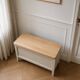Re-enchanted vintage toy chest in beige, wooden tray.