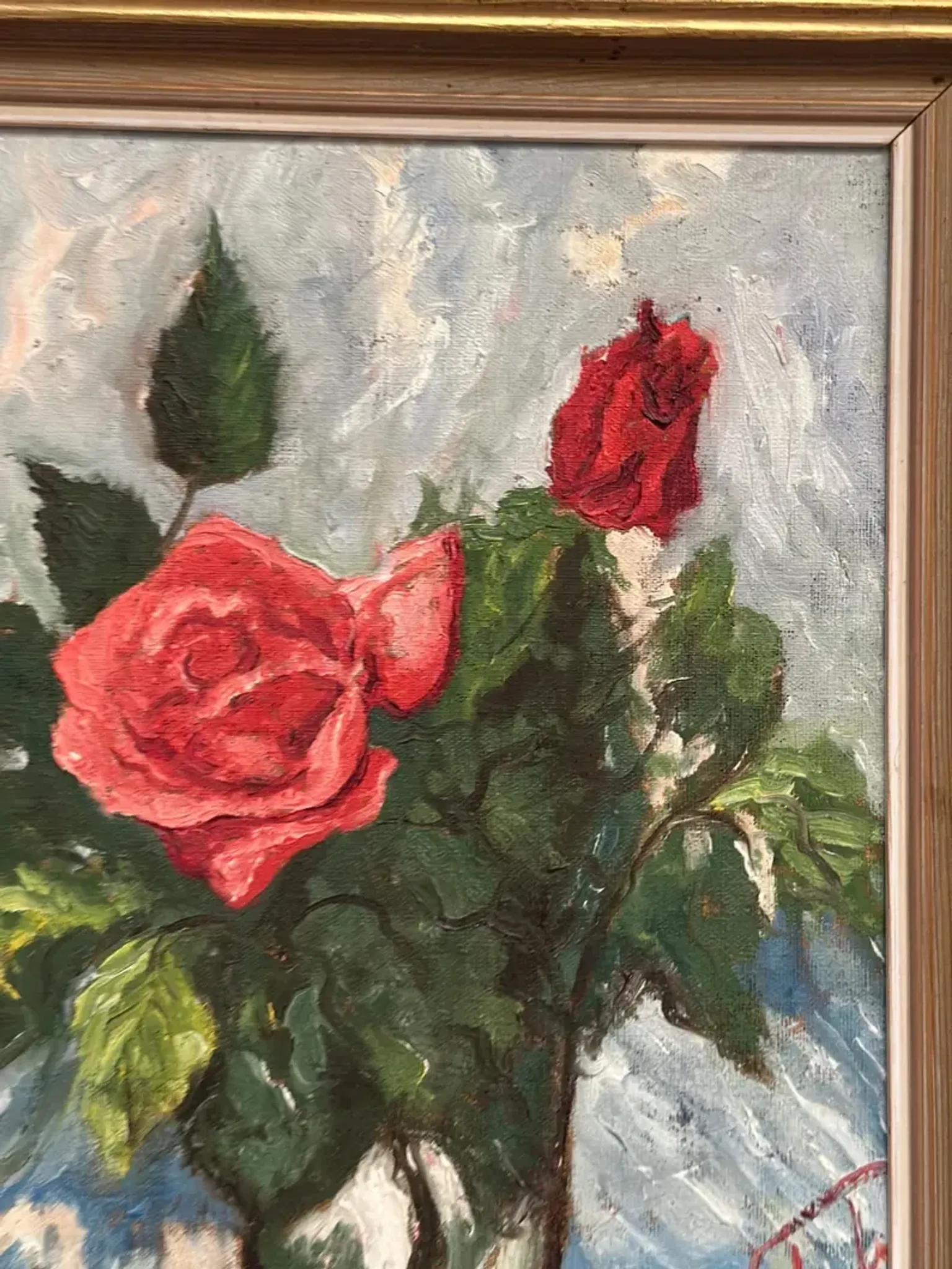 Original Swedish Oil on Canvas– “Still Life with Pink Rose” by Jacques Lalande – Vintage & Framed – 36 × 45 cm (14.1" × 17.7")