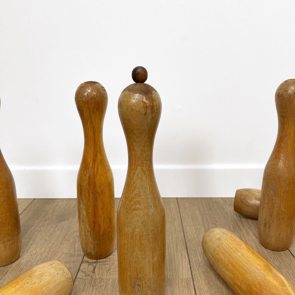 Set of 9 old wooden pins