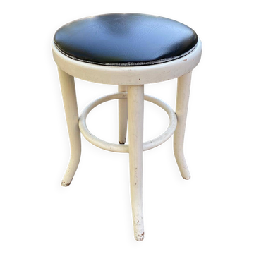Tabouret rond en bois courbé blanc et cuir noir