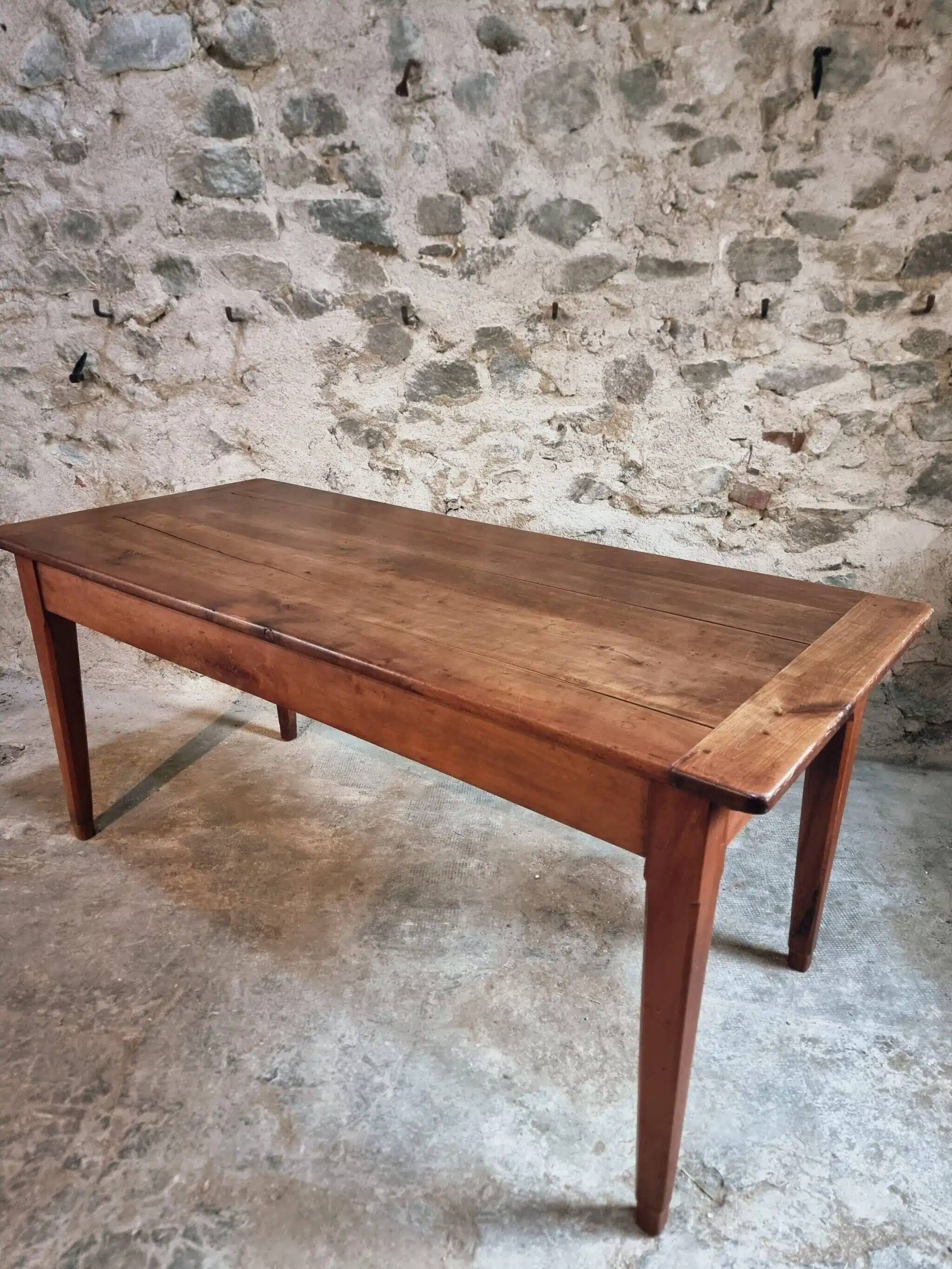 Antique French Farmhouse Table | 19th Century Cherry Wood Table with Drawer and Extension | 1880–1900 Rustic Kitchen