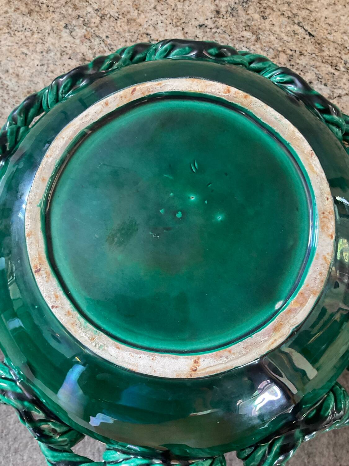 Large ceramic dish from Vallauris with green enamelled rope