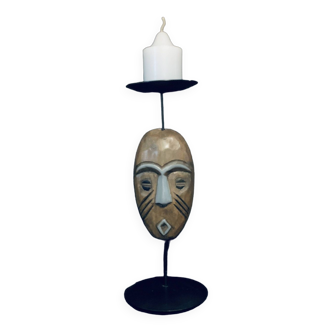 African mask style candle holder 20cm metal and exotic wood africa old vintage