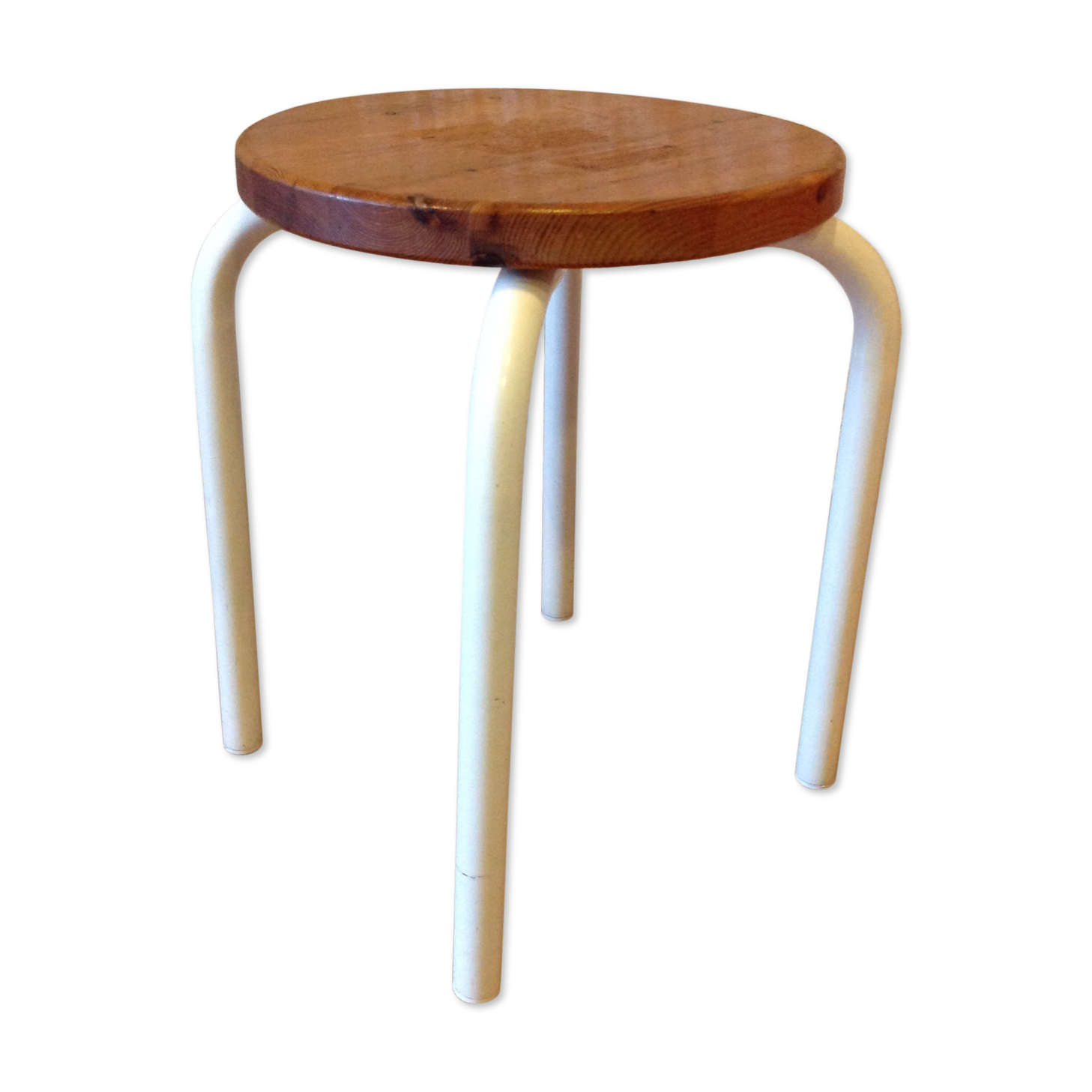 Old wooden stool and white lacquered feet industrial style, 60-70