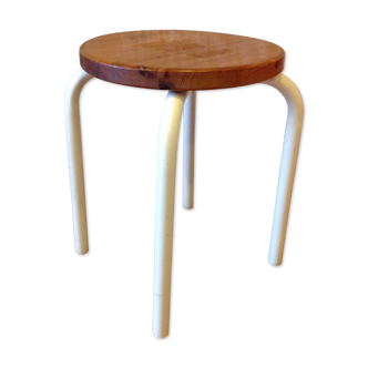 Old wooden stool and white lacquered feet industrial style, 60-70