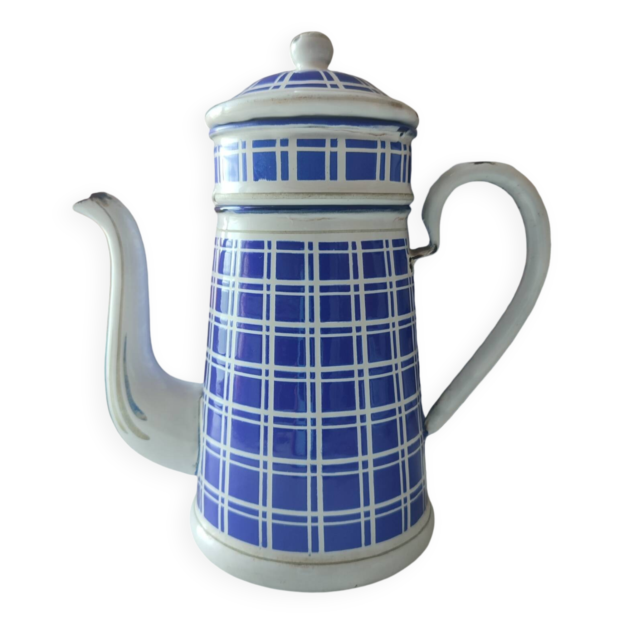 Antique BB Frères enamelled sheet metal coffee maker, Damier model