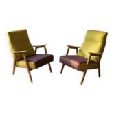 Paire de fauteuils vintage restaurés, tapisserie verte et violette, milieu du 20e siècle, Tchécoslovaquie, 80 × 75 cm