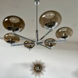 Old 6-light chandelier designed by Sciolari in chrome metal and smoked glass, 70s vintage