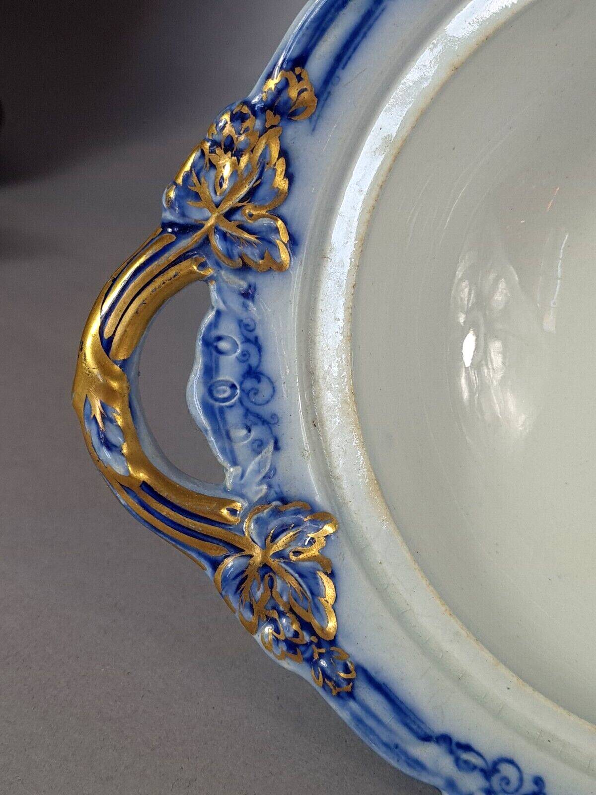 Beautiful covered tripod compote dish in blue and gold earthenware from the late 19th century SC