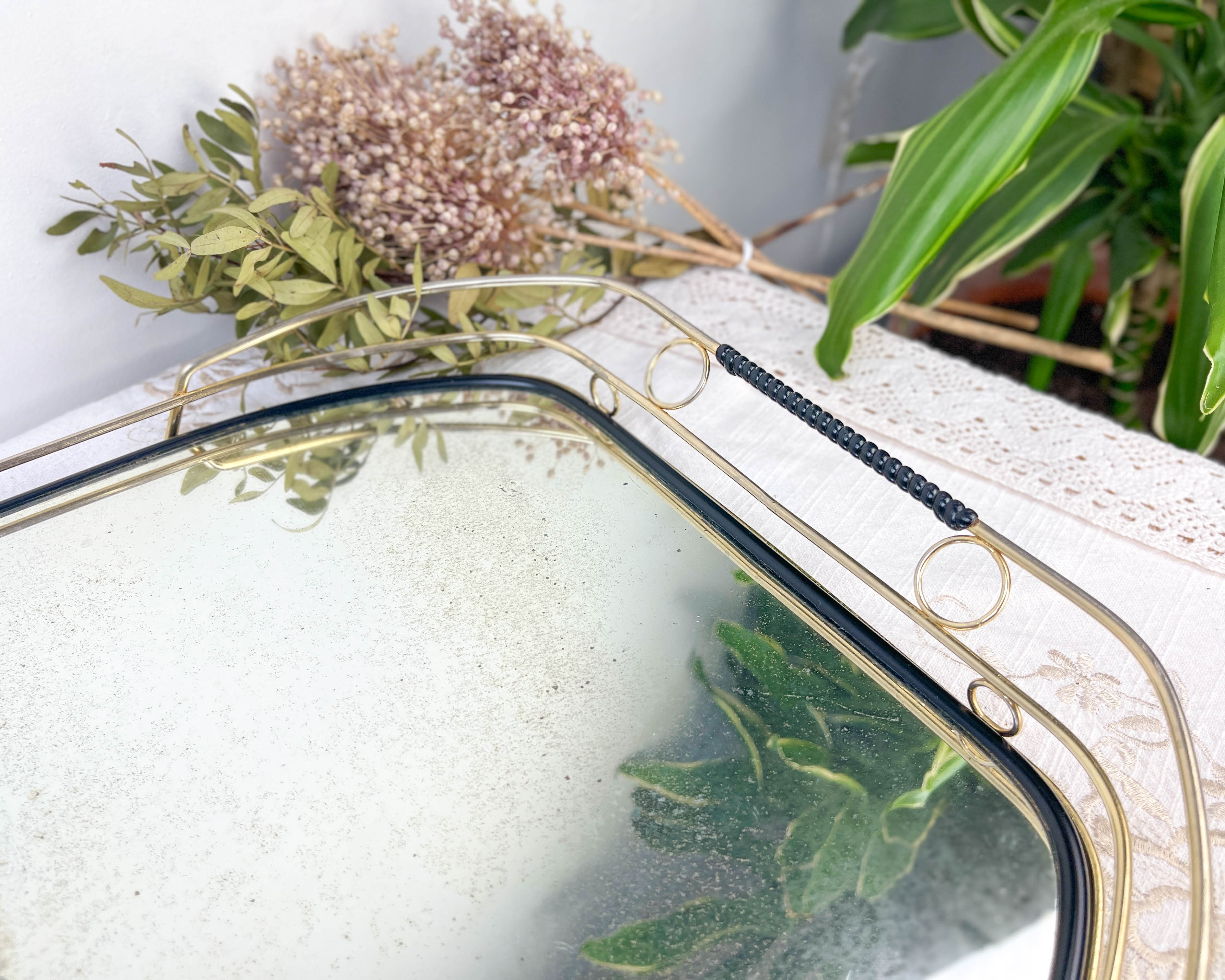 Art Deco style mirror and brass serving tray