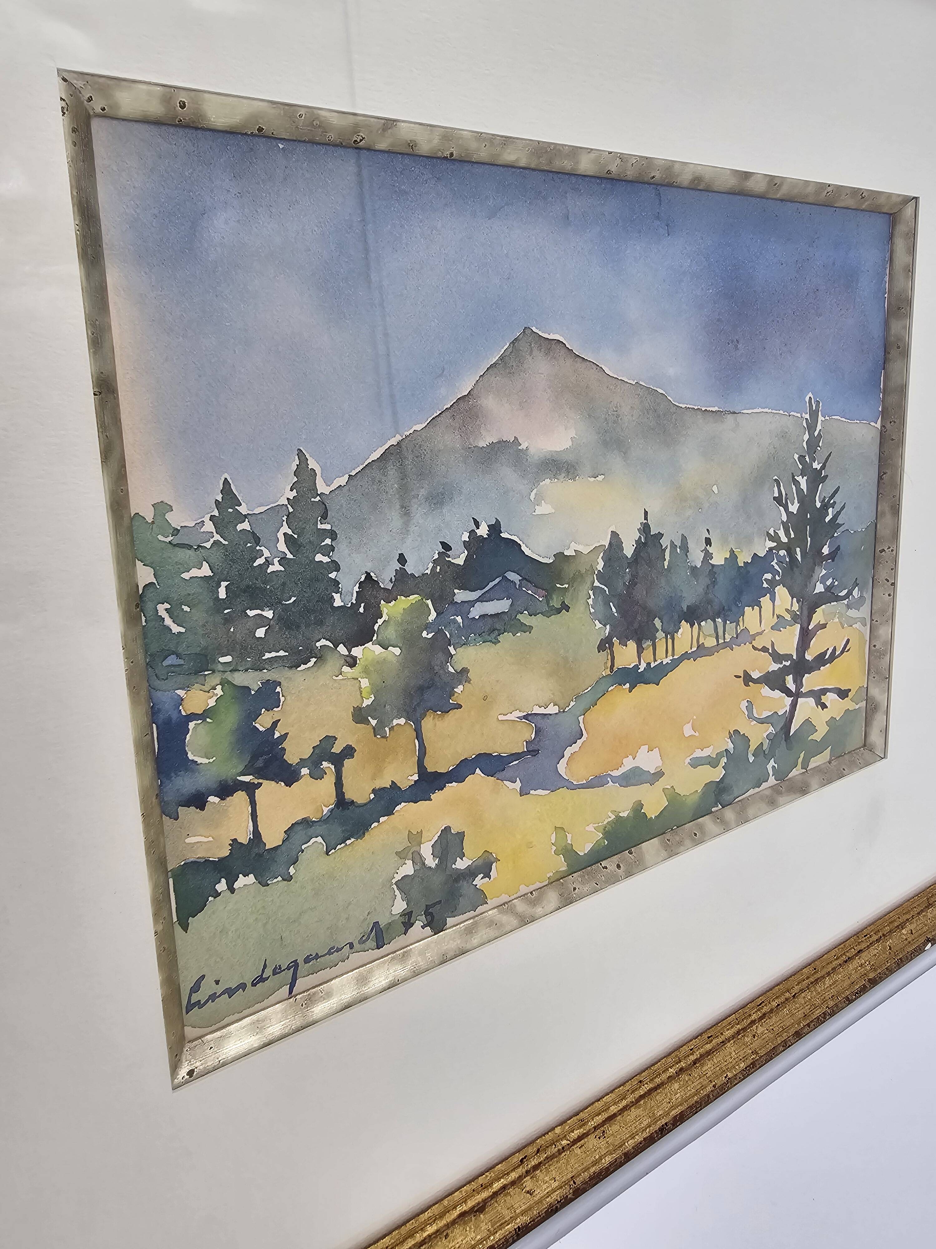Framed watercolor by Henri Lindegaard 1975 - Forest and mountain landscape