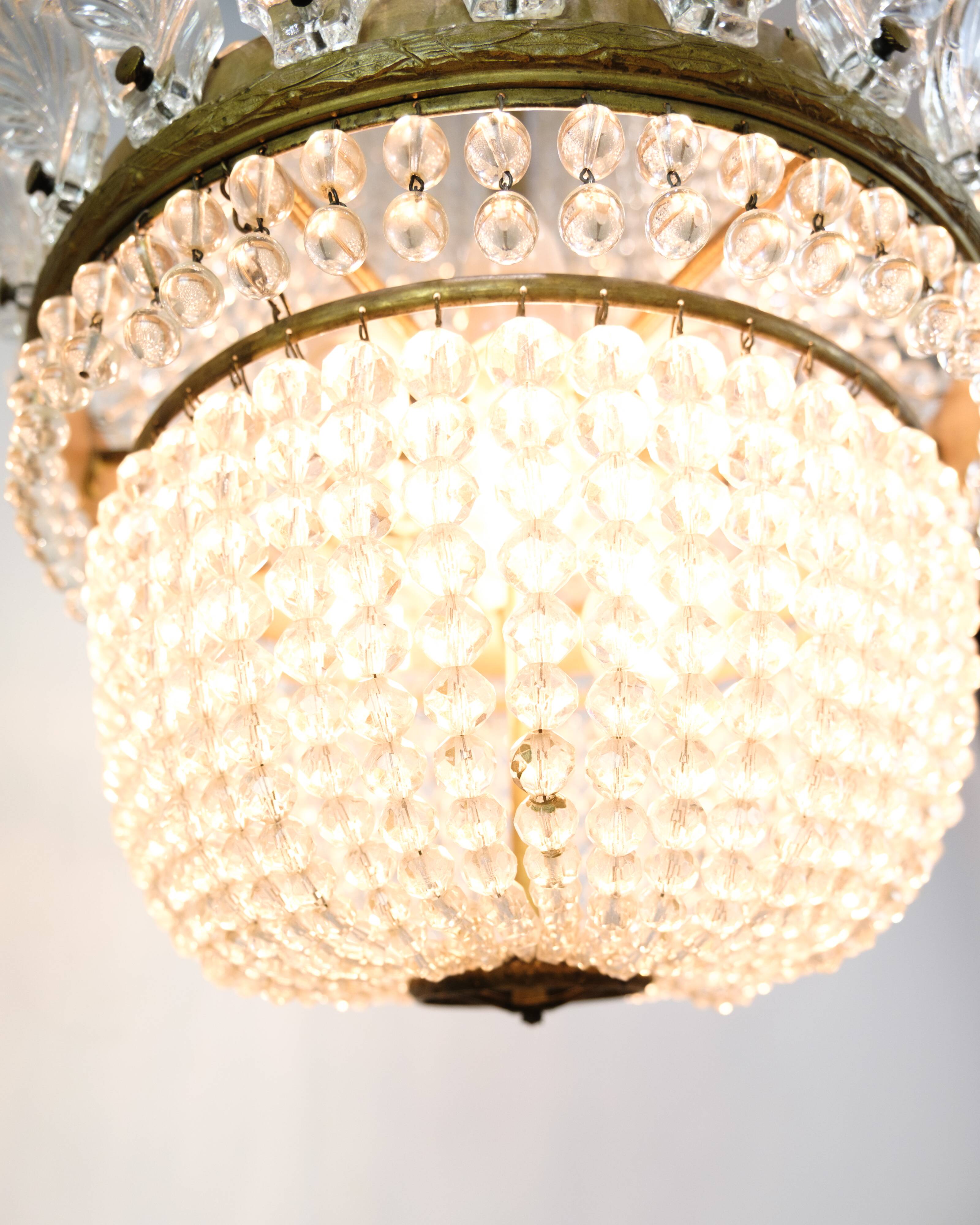 Antique Prism Chandelier Decorated In Brass, Bronze & Crystals From 1890s