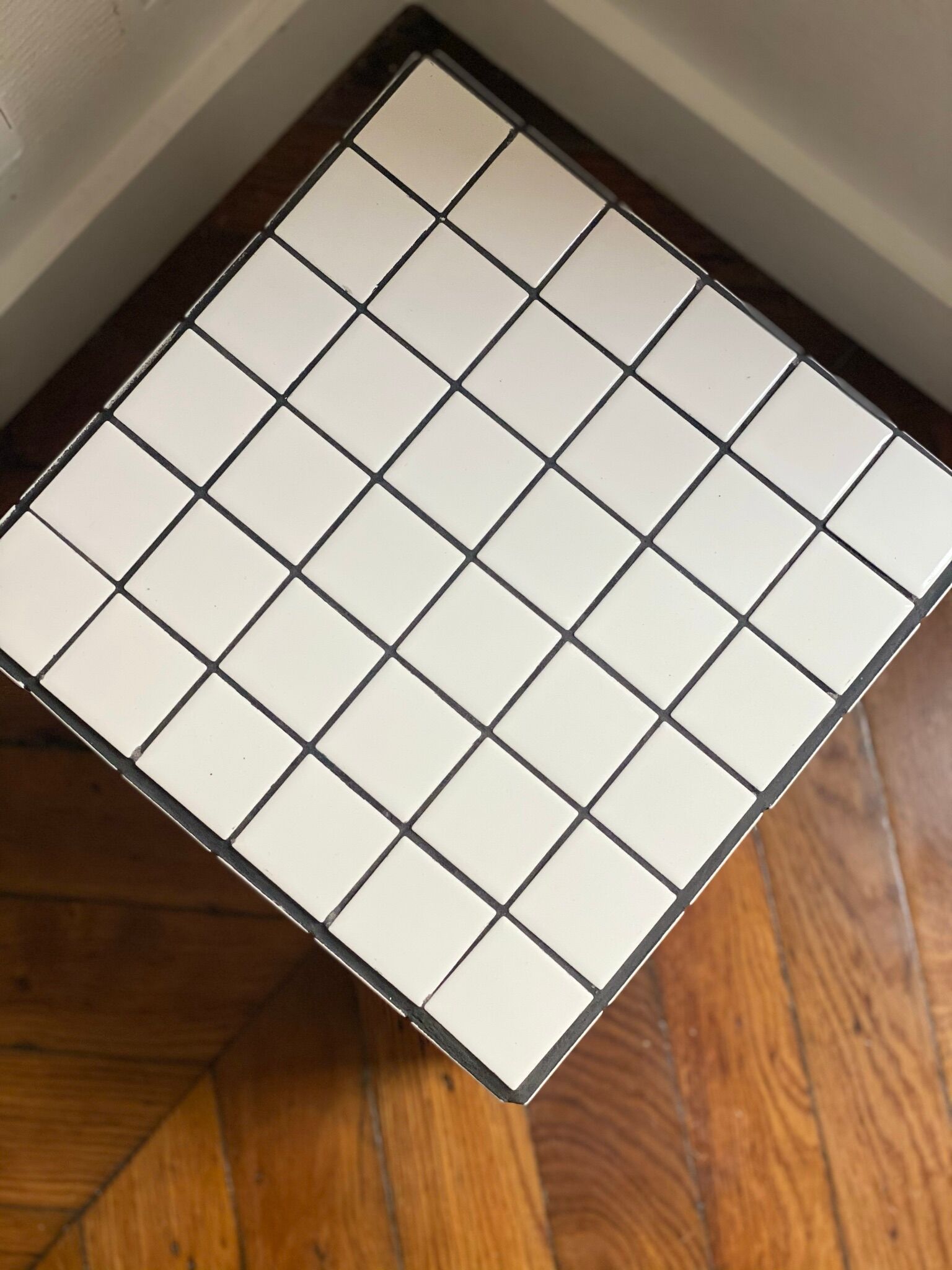 Checkerboard cube bedside table tiled white retro black tile