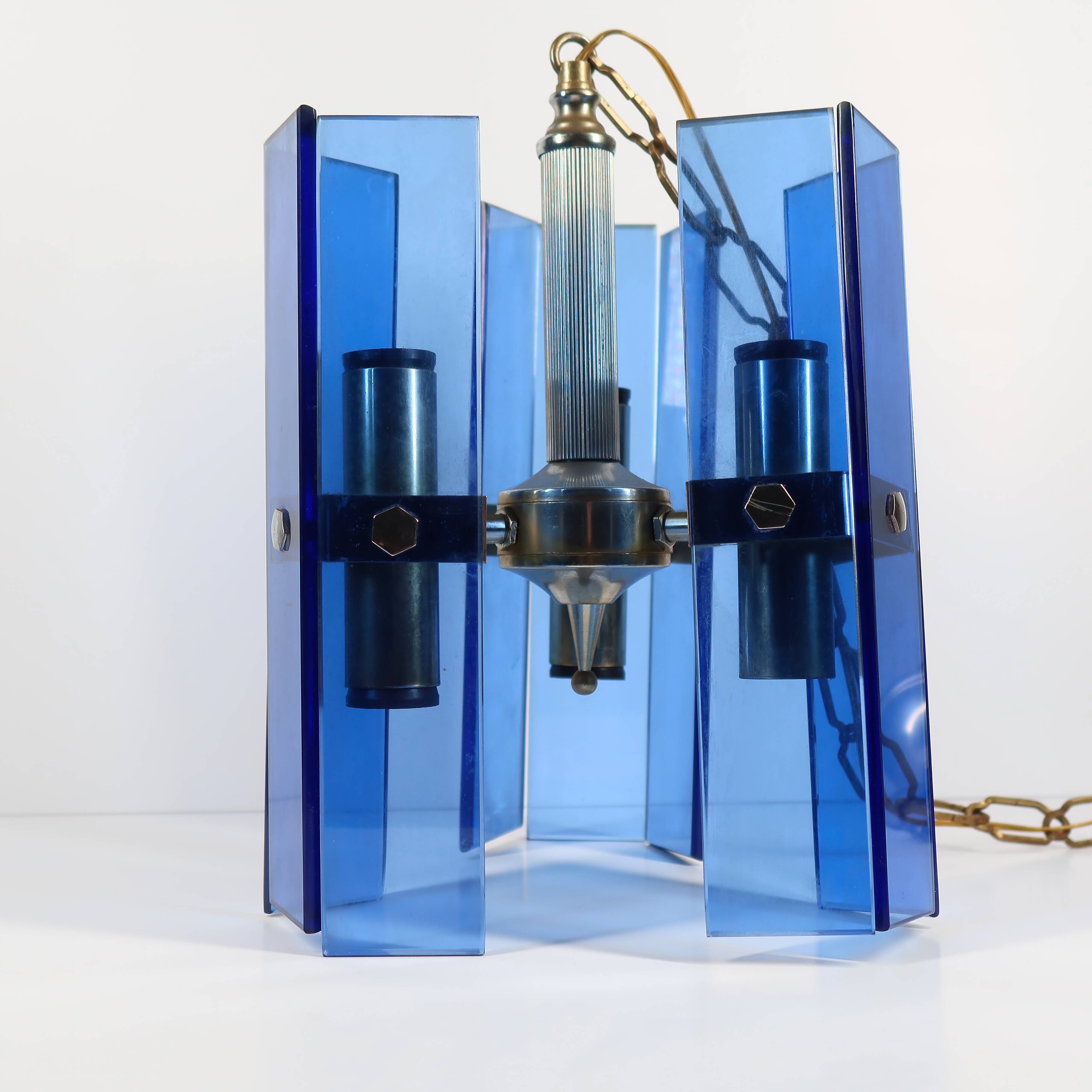 Vintage Italian pendant light in blue glass, Fontana Arte style, 1970s