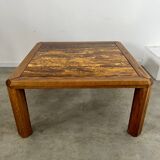 Ancienne table basse plateau marbre doré design années 70 pieds bois vintage