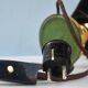Lot of two retro-modernist lamps with natural leather lampshade