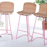 Italian set of 3 bar stools with cane and metal by Cidue, 1980s