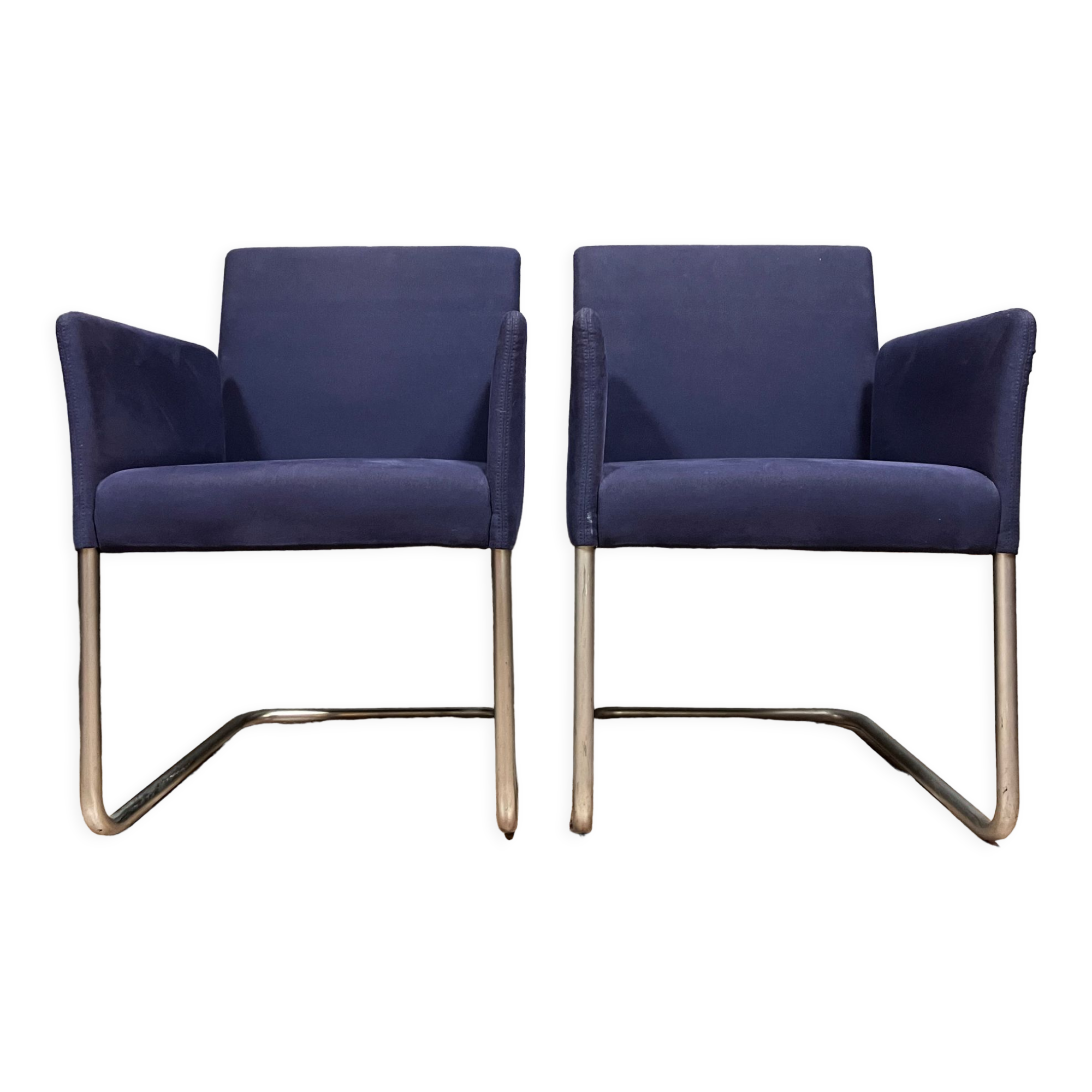 Pair of Walter Knoll armchairs in blue fabric and chromed metal