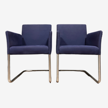 Pair of Walter Knoll armchairs in blue fabric and chromed metal