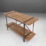 Industrial side table with metal frame and wooden top and removable platform, Belgium, 1920