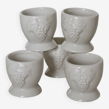 5 vintage white egg cups with grape pattern