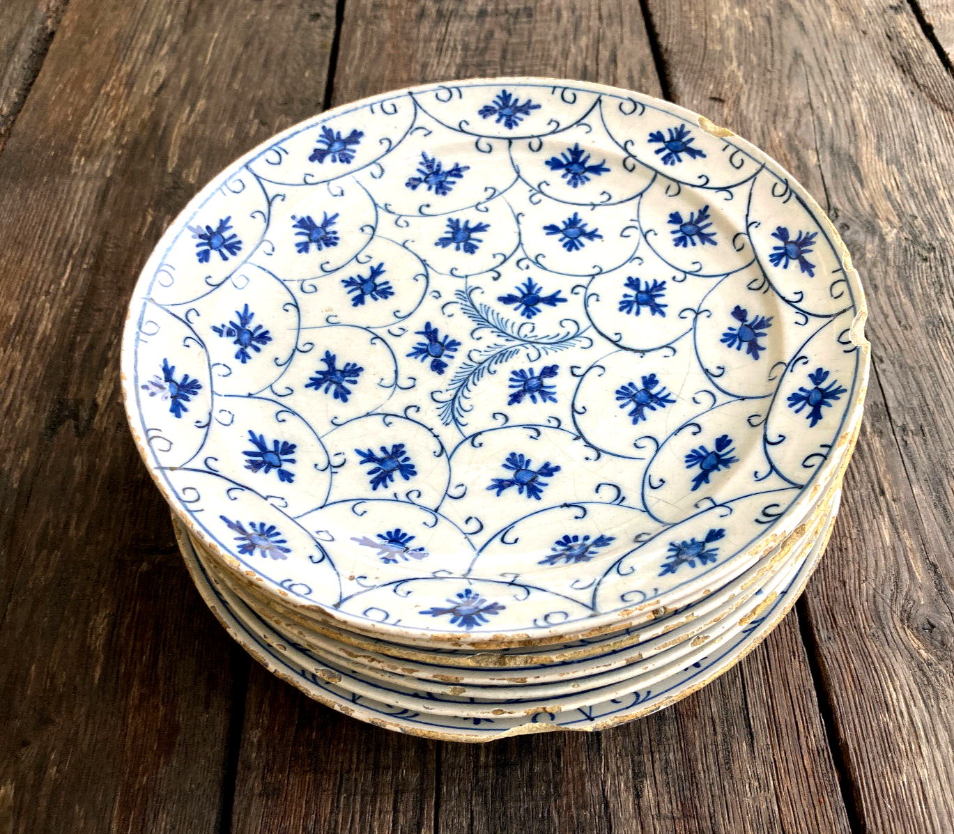 Lot de 7 assiettes faience XVIIIe - camaieu bleu