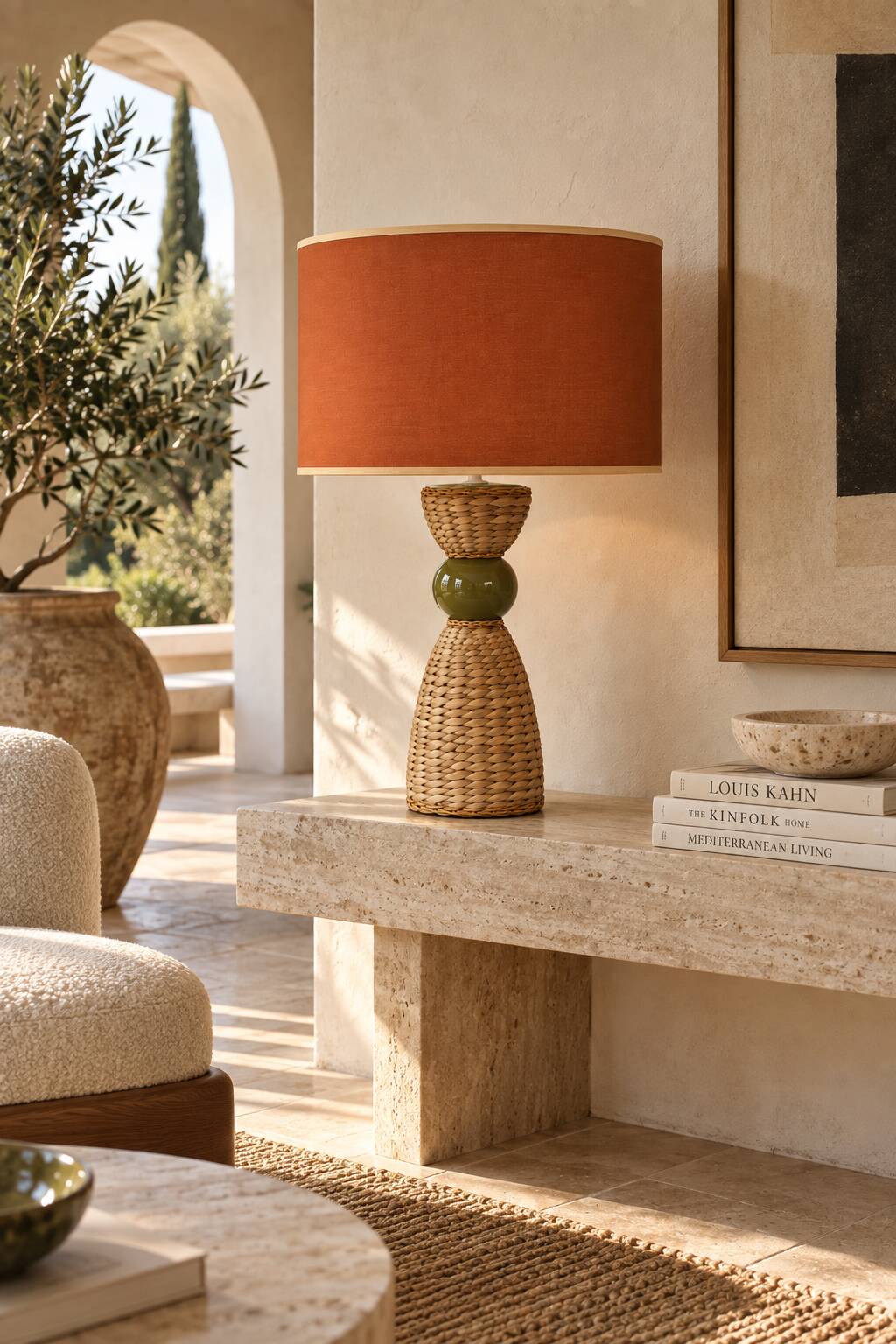Large vintage sculptural lamp from the 60s/70s – olive green ceramic & very fine fibres.