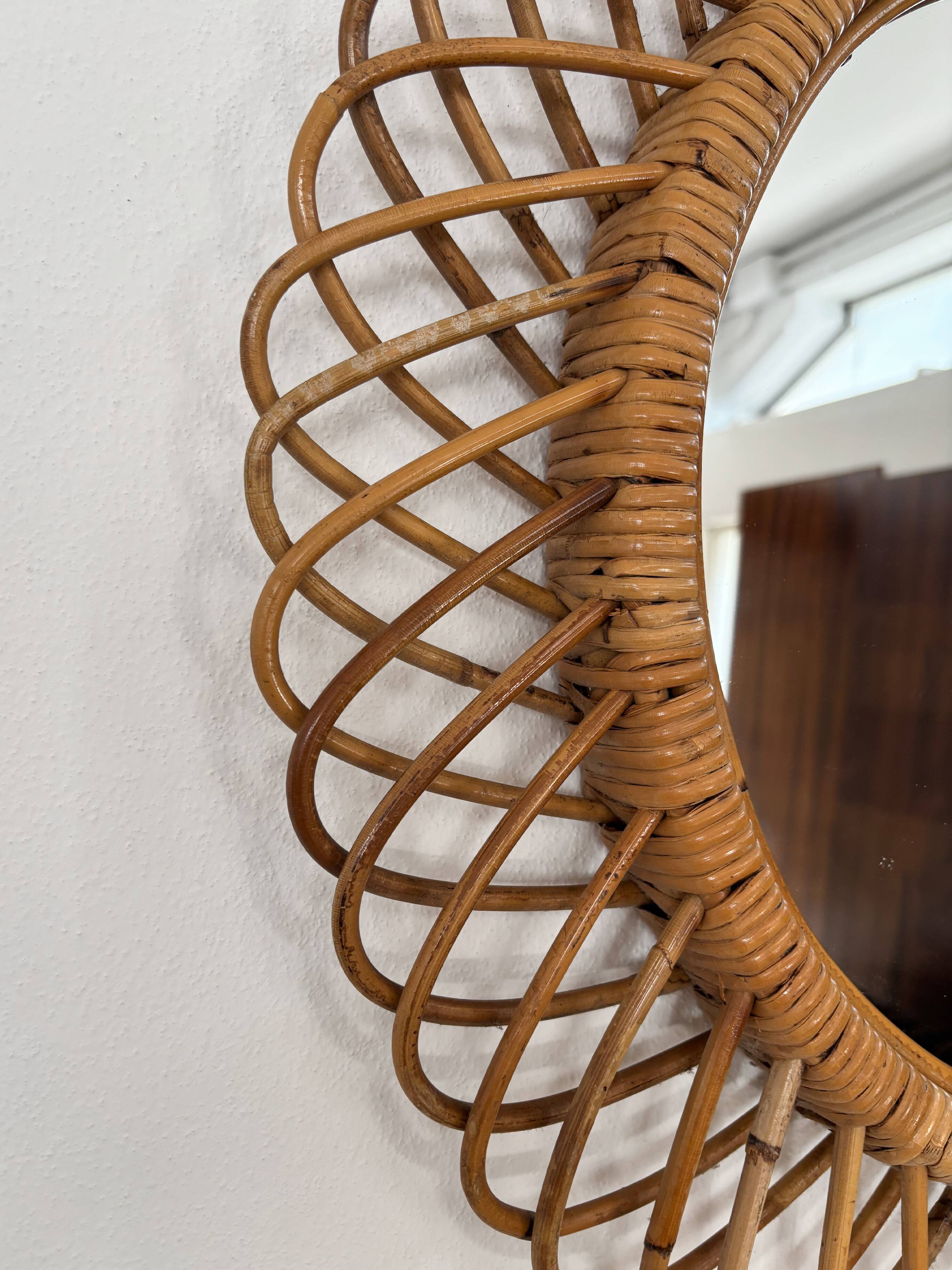 Italian Circle Rattan Bamboo Wall Mirror, 1960s