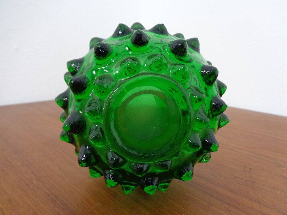 Italian green bubble glass vases and bowl by Empoli, set of 3, 1960s.