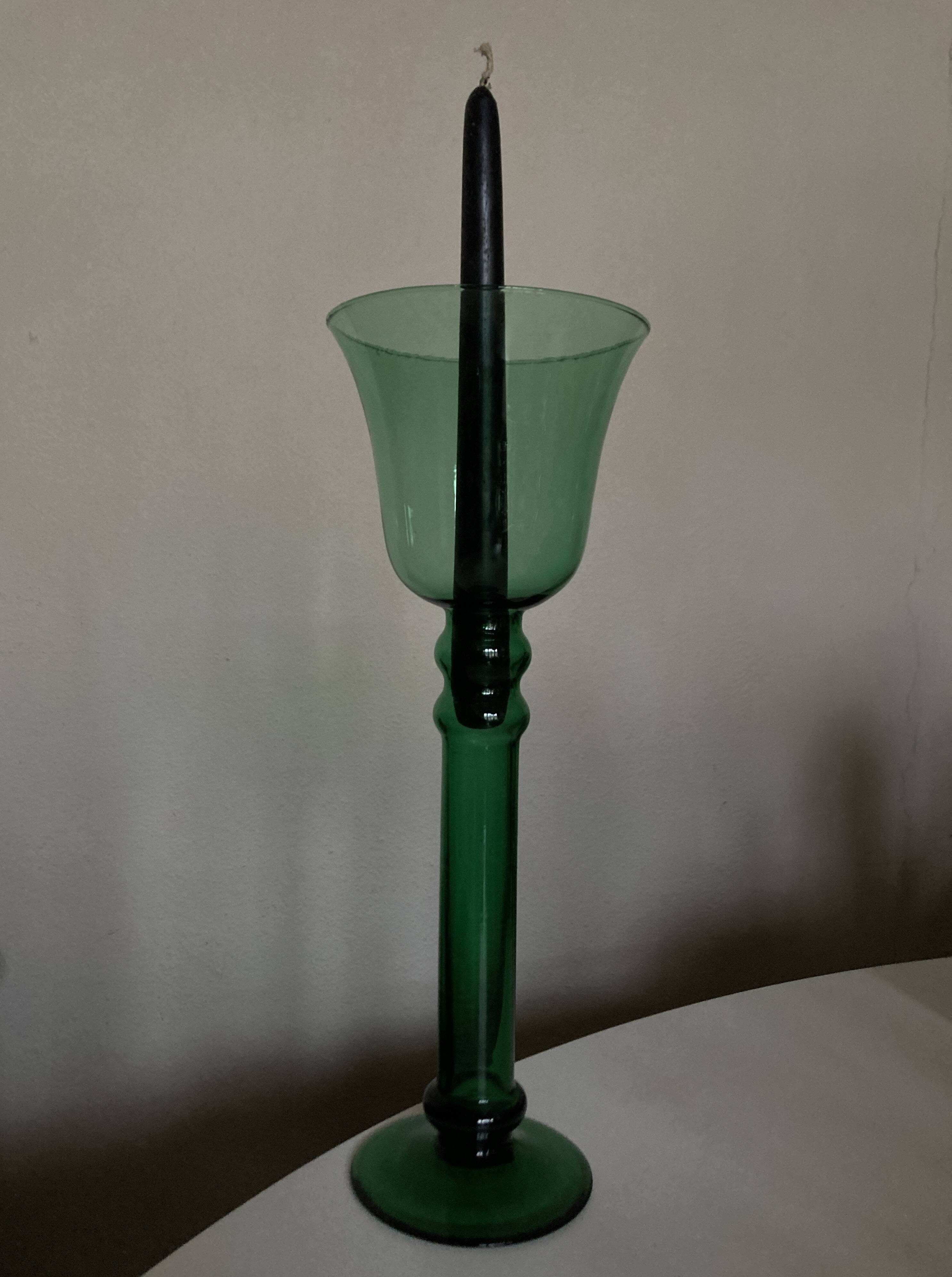 XXL tulip candle holder in blown green glass from the 1960s