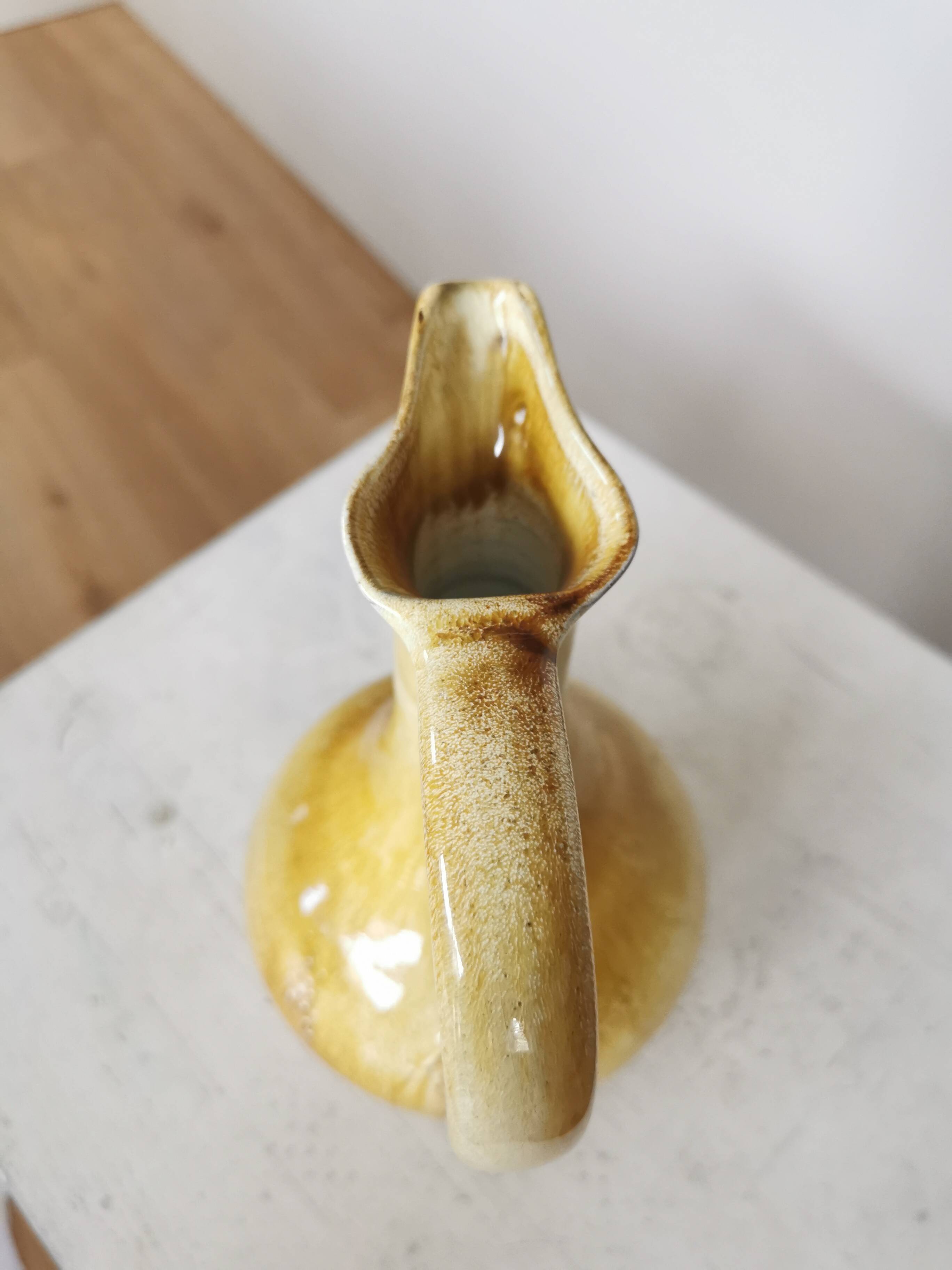 Handmade Ceramic Pitcher: 1970s LKC Pottery, Yellow Brown Glaze