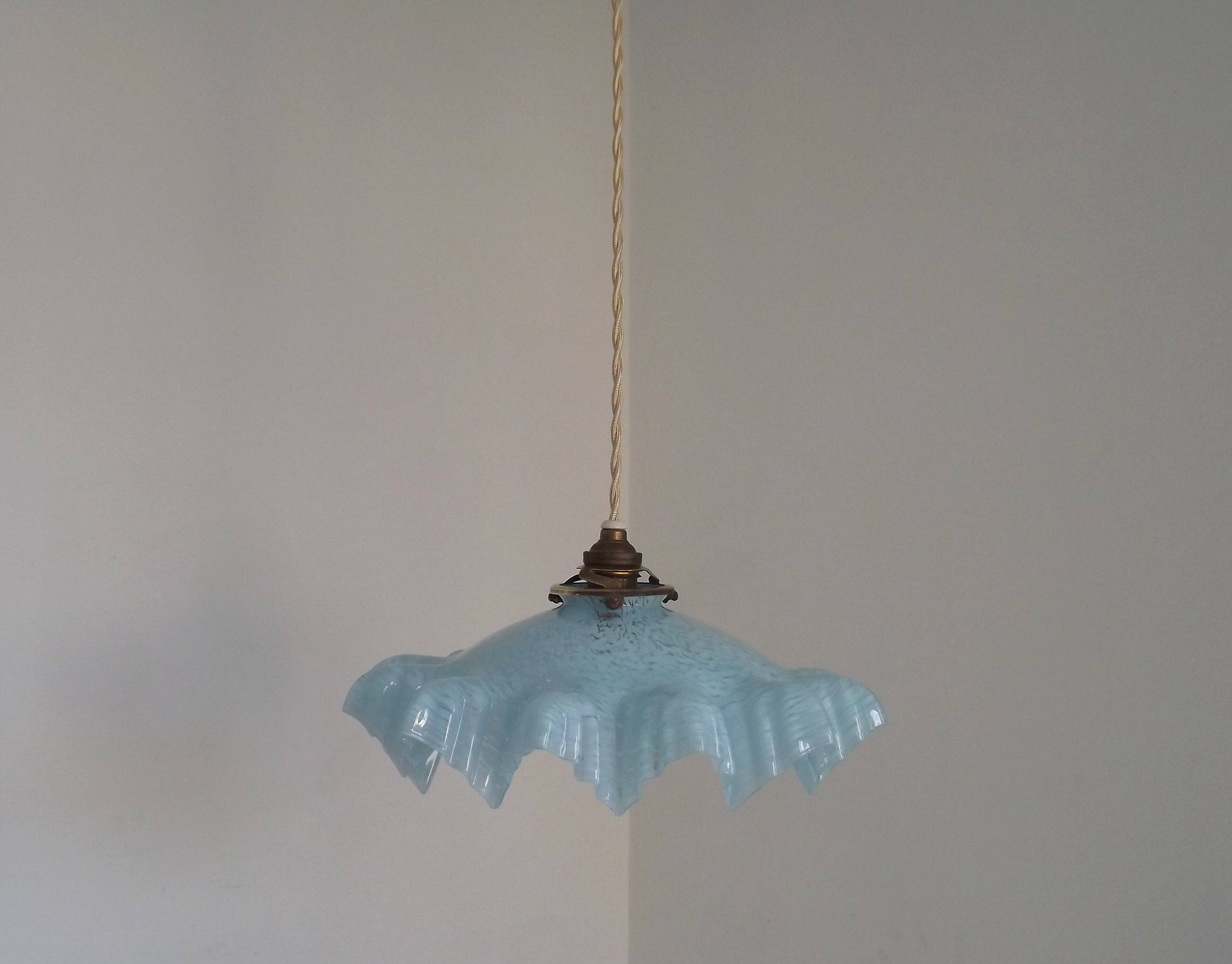 French Vintage 1930s Pale Blue Frilled Clichy Glass Lampshade Ceiling Light