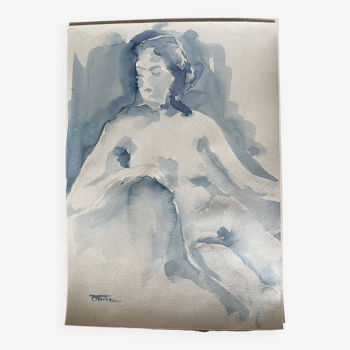 Tableau signé aquarelle monochrome bleue portrait femme « le fauteuil »