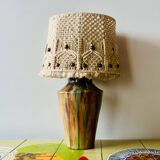 Vintage table lamp in glazed stoneware with macramé lampshade