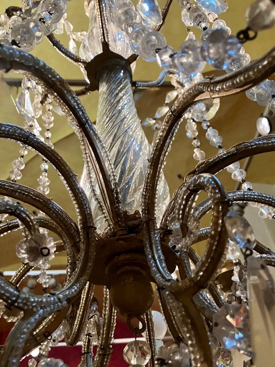 Chandelier en cage en cristal taillé et perles de verre italiennes, années 1800