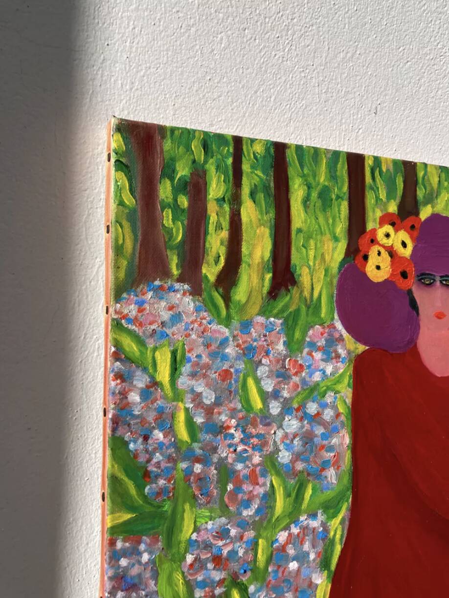 Portrait de femme huile sur toile fleurs