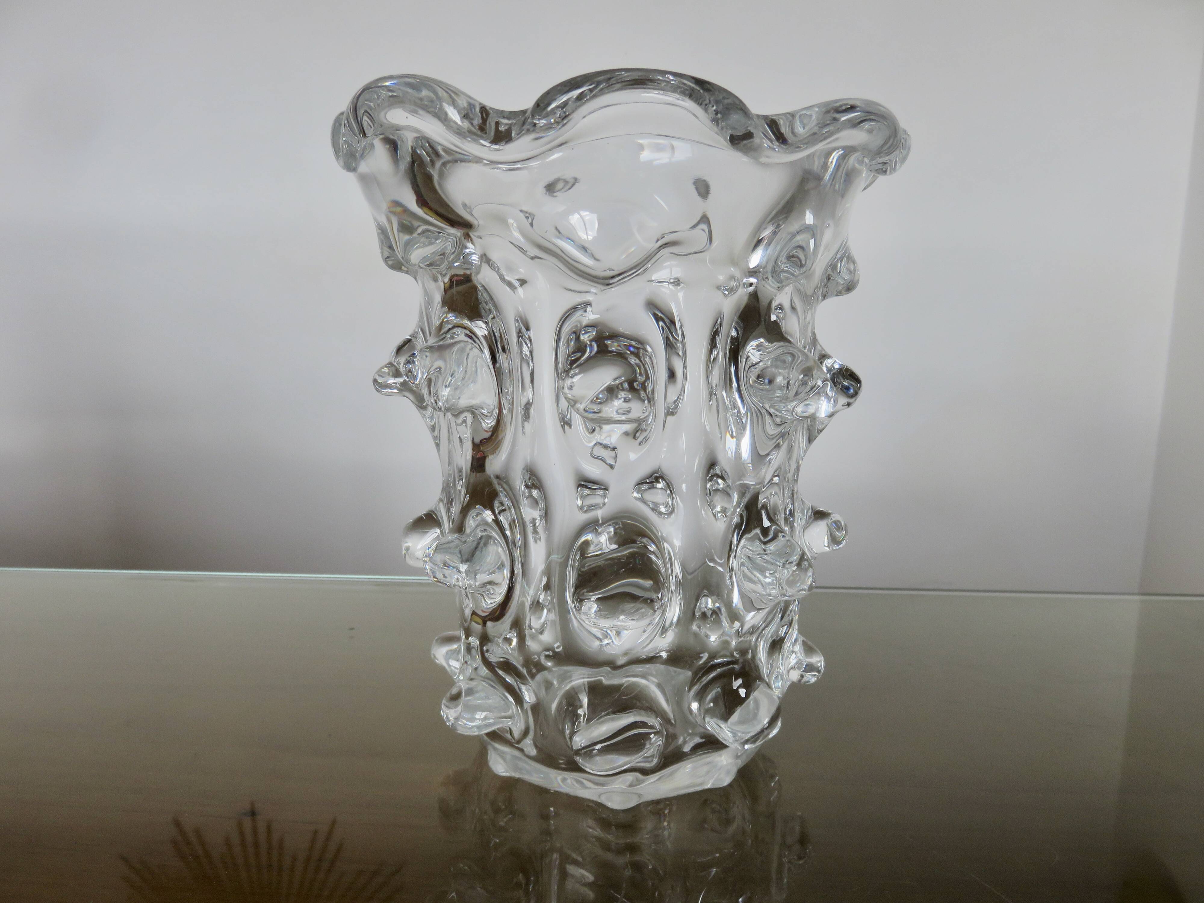Schneider vase in crystal with prominent stretched texture, 1950s, signed.