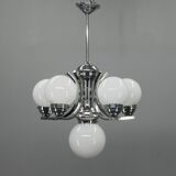 Big Art Deco 6-flamming Chrome and Glass Chandelier, 1930s
