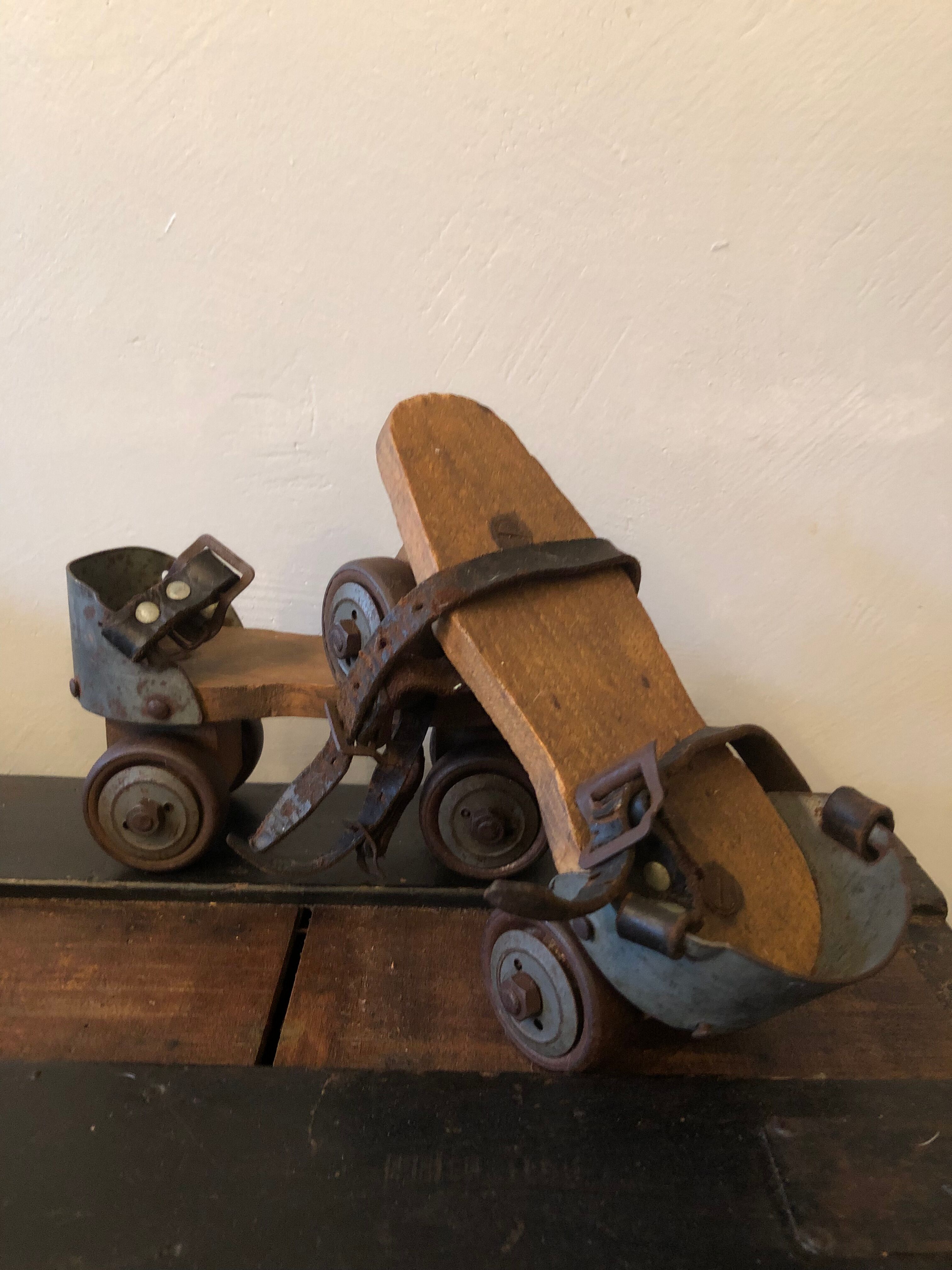 Wooden and metal roller skates