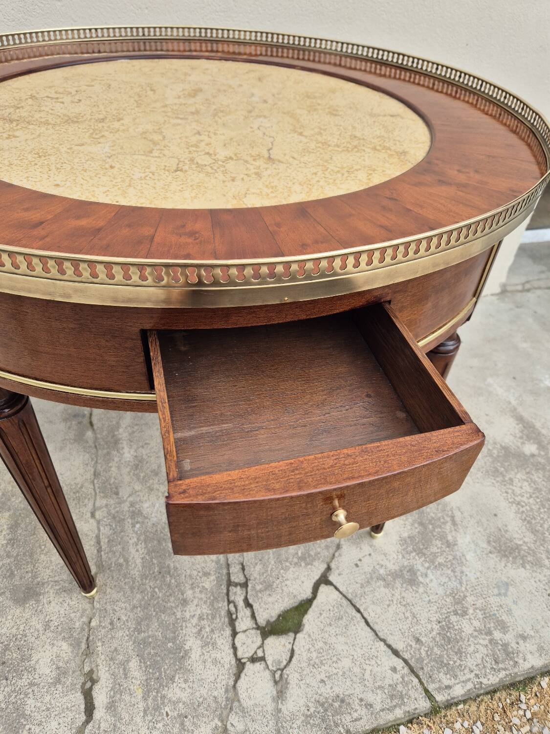 Louis XVI style mahogany bouillotte table in marquetry and bronze