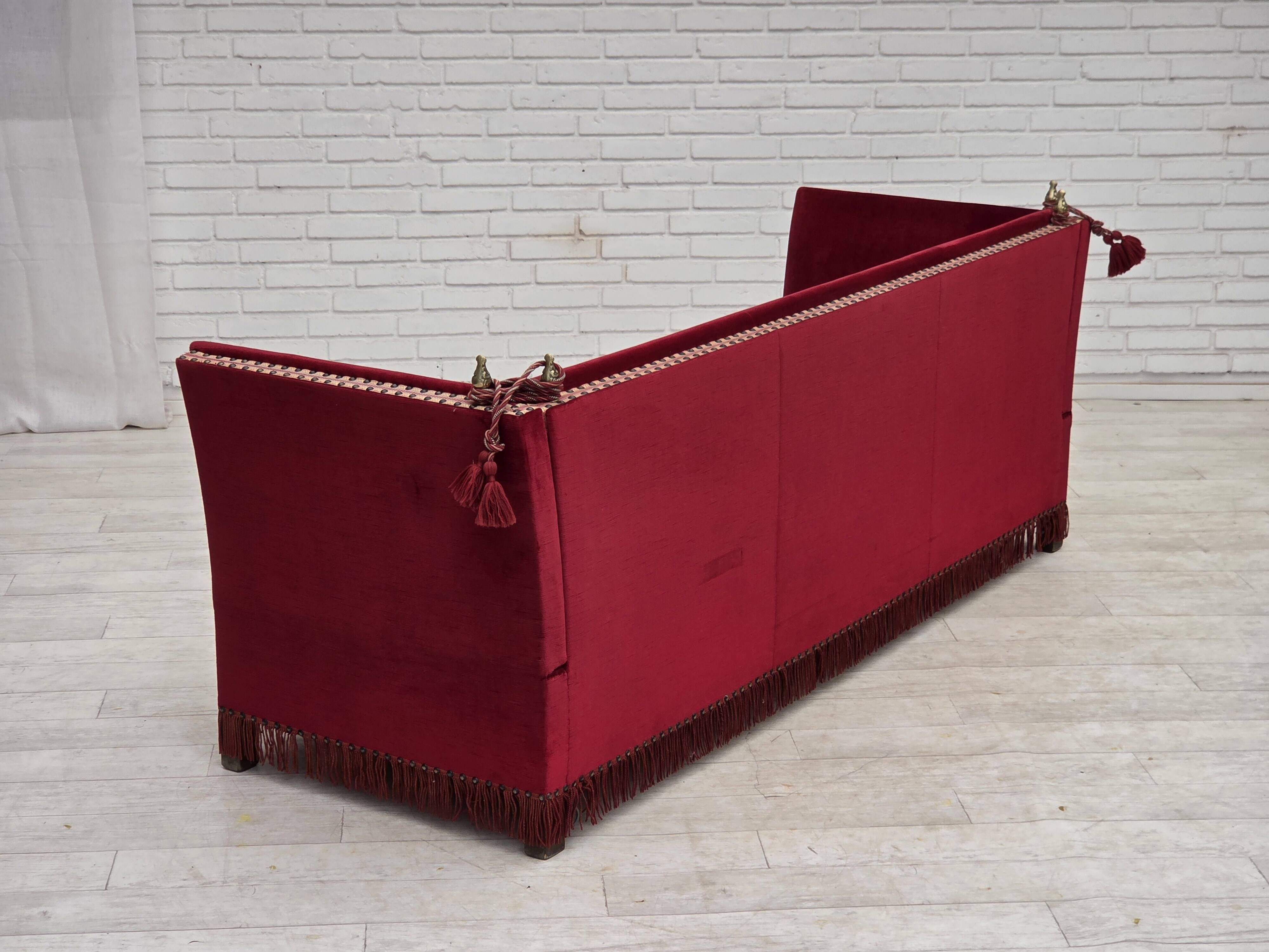 1970s, Danish 3-seater drop arm "Spanish" sofa, red furniture velour.