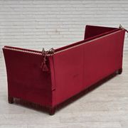 1970s, Danish 3-seater drop arm "Spanish" sofa, red furniture velour.