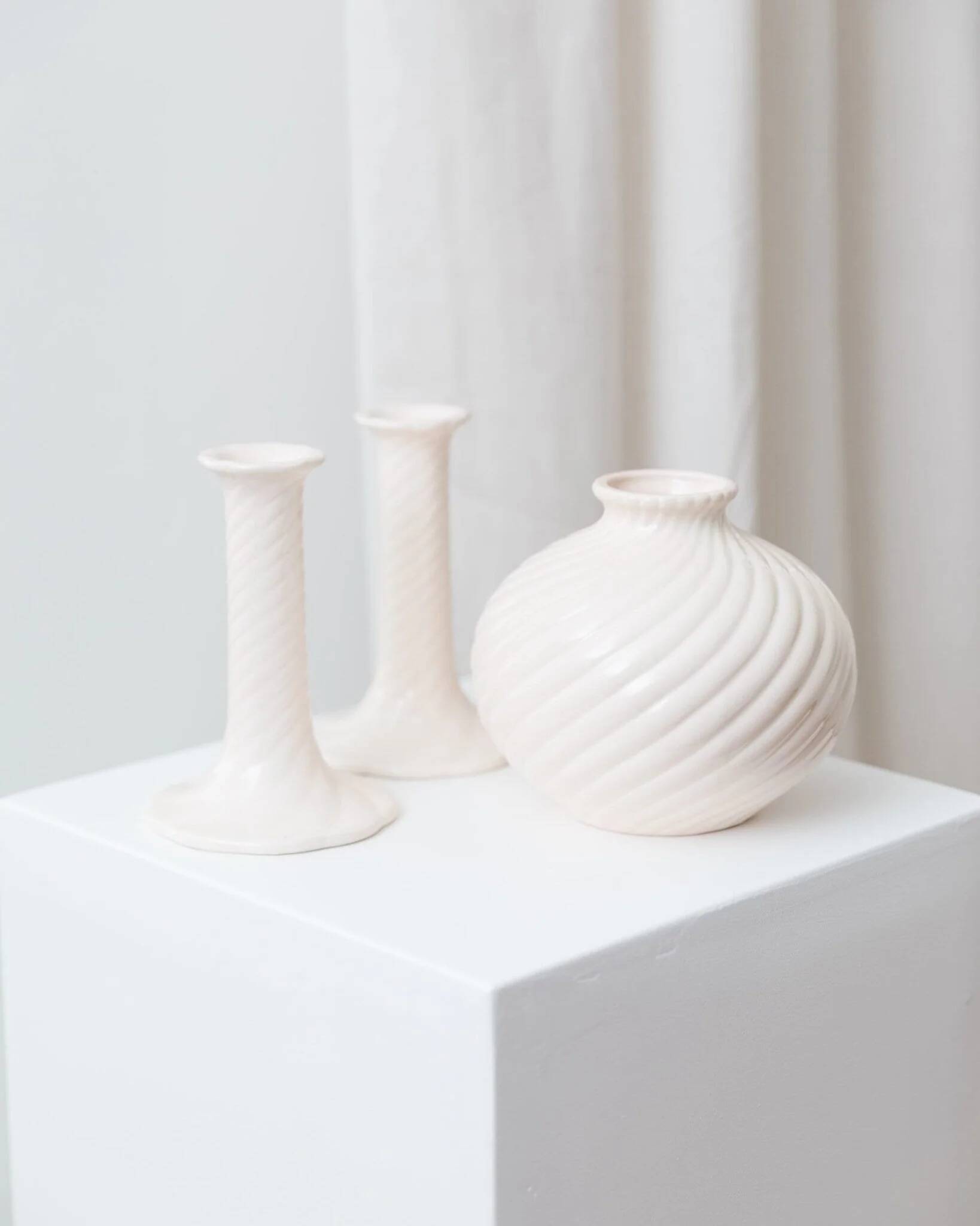 Cream ceramic mid-century set: two candle holders and a vase with white glaze, 1970s design