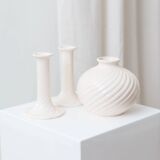 Cream ceramic mid-century set: two candle holders and a vase with white glaze, 1970s design