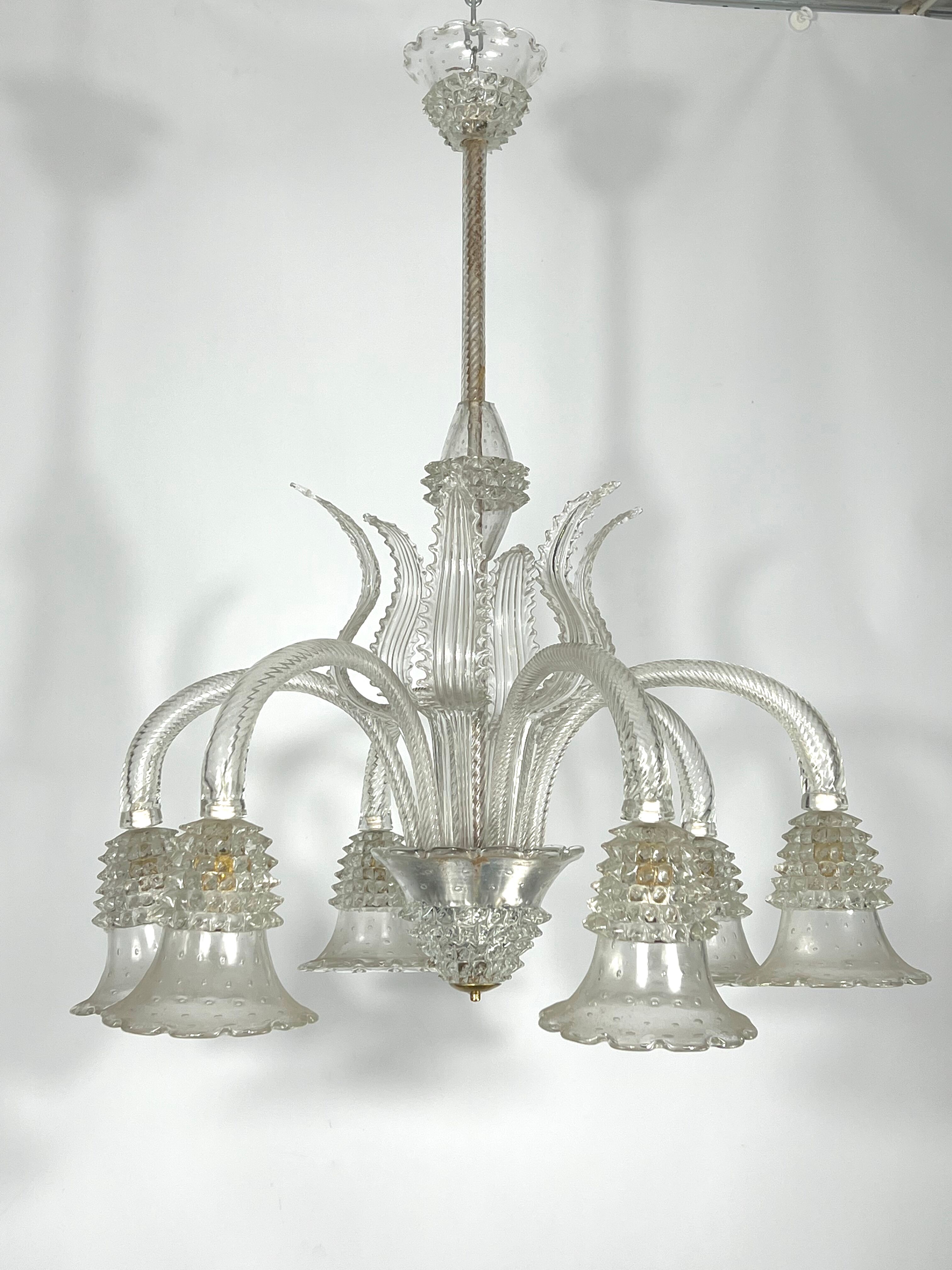Mid-century six arms Murano Bullicante Rostrato chandelier by Ercole Barovier