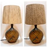 Lampe en grés vintage artiste Alain Blanchard 1970 fougère abat-jour corde raphia campagne