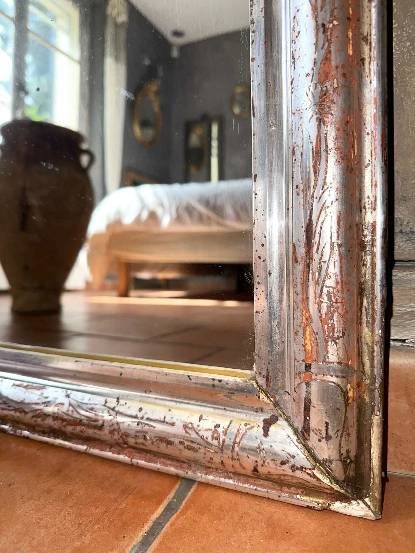 Miroir Louis-Philippe ancien feuille d’argent, XIXème
