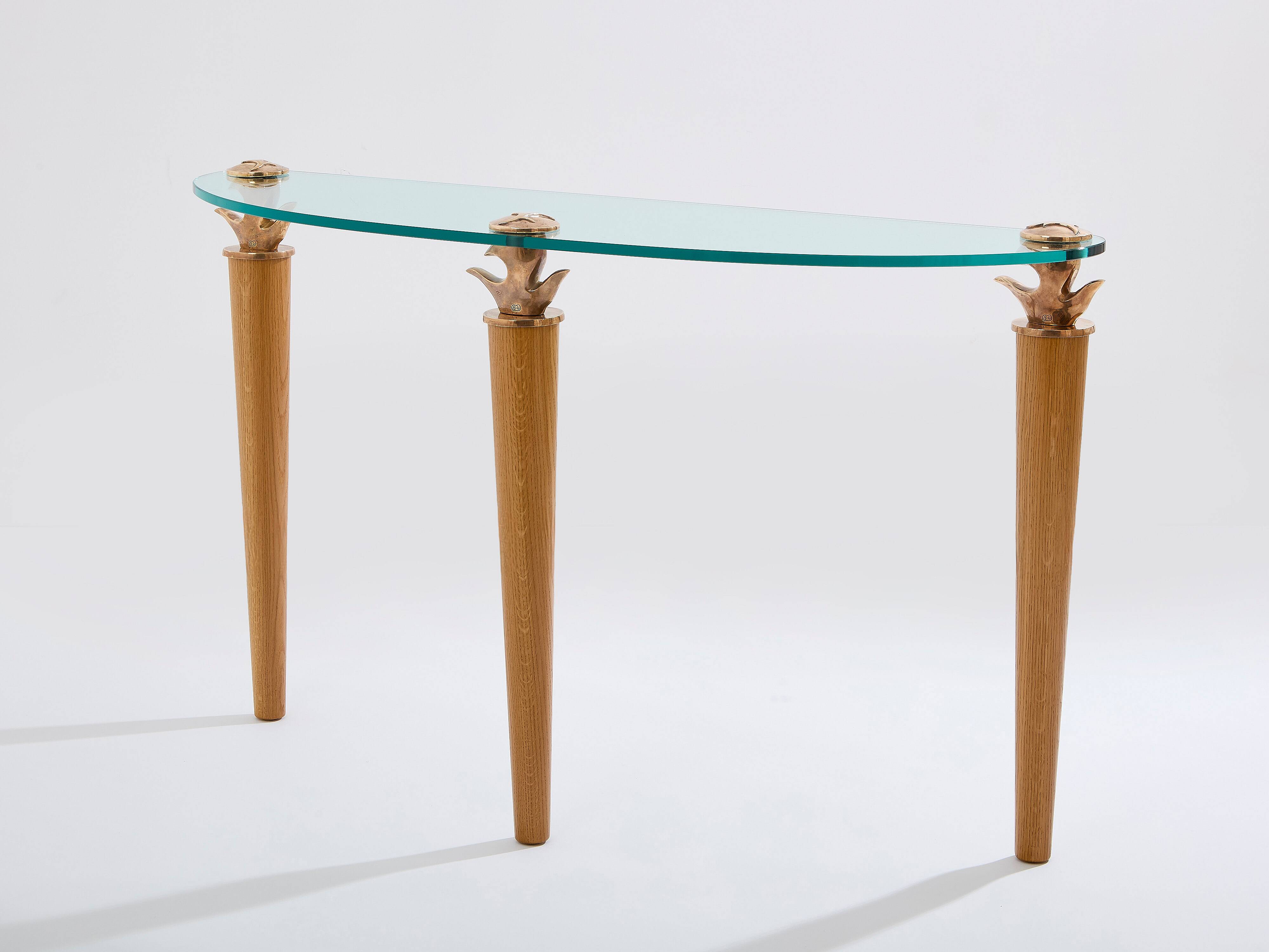 Console chêne massif et bronze verre signée Garouste & Bonetti 1995