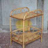 Vintage rattan serving table, two-tier side table.