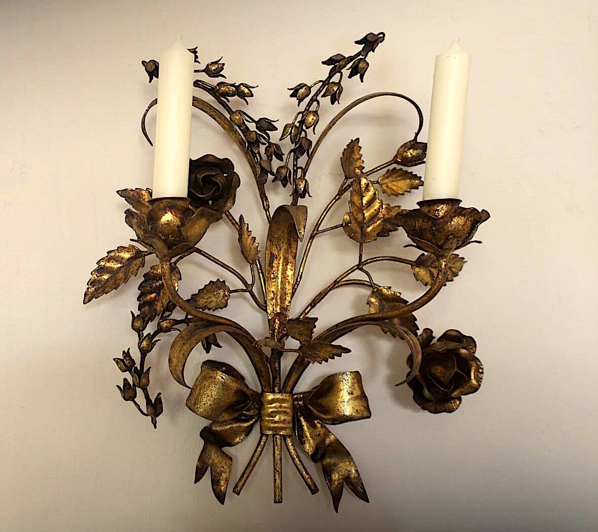 Pair of gold plated wall double candleholders with roses by Hans Kögl, 1960